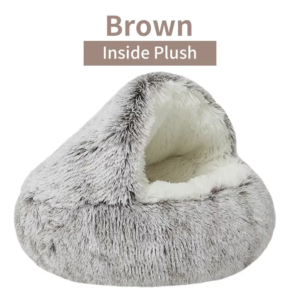 Winter Plush Pet Cat Bed round Cat Cushion Cat House 2 in 1 Warm Cats Basket Pet Sleep Bag Kitten Nest Kennel for Small Dog Cats - Brown Long Plush, 60X60Cm